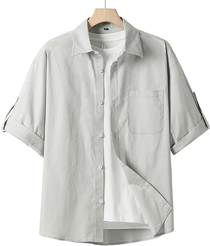 Photo 1 of (LARGE) Men's Casual Button Down Shirts Roll Up Short Sleeve Lapel Work Shirt with Pocket Solid Color Loose Fit Dress Top