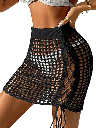 Photo 1 of (S) ZAFUL Women's Crochet Hollow Out Swimsuits Cover Up Beach Mini Skirt Elastic Waist Drawstring Knit Bikini Short Skirt