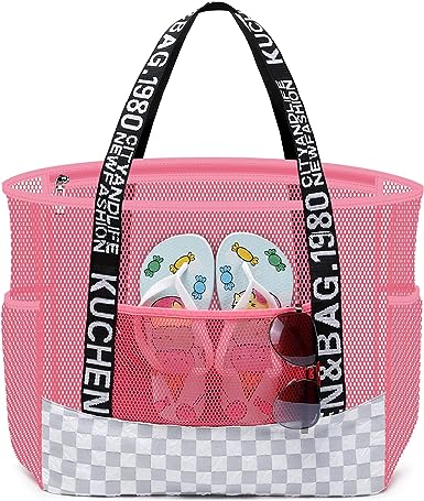 Photo 1 of Beach Tote Bag for Women - Foldable Extra Large Mesh Summer Pool Bag Muli-pockets Shoulder Purse for Travel Vacation 