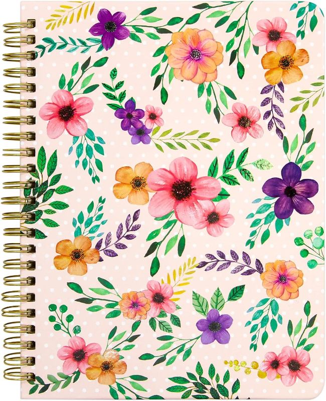 Photo 1 of FANCY LAND Floral Spiral Notebook 8.25" x 6.25" with Pockets Pink Hardcover Journal 120 Lined Pages Women Girl Office School Home