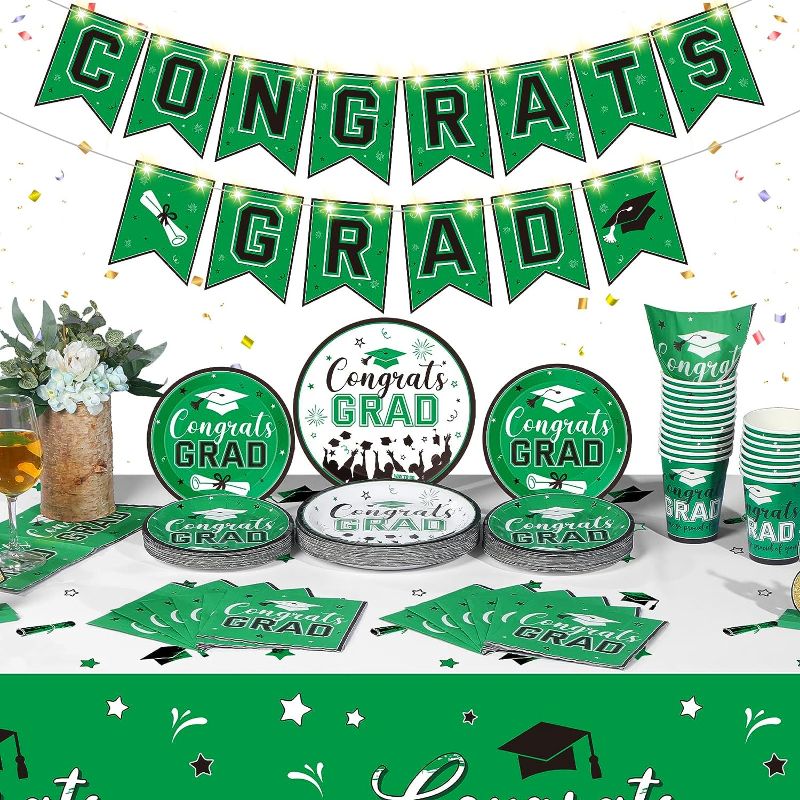 Photo 1 of 123 PCS Congrats Grad Party Set Serve for 30 Graduation Decoration Banner with LED Light Class of 2023 Party Supplies Plates Tablecloth Cups Napkins for Celebration Prom Party Supply (Green) 