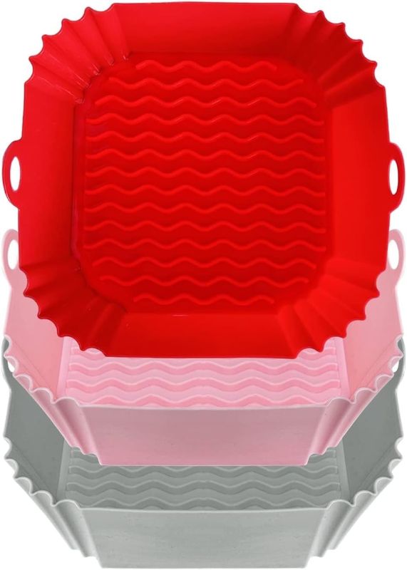 Photo 1 of 3-Pack Square Air Fryer Silicone Liners, 8inch Reusable Air Fryer Basket for 4 to 7 QT Air Fryer Inserts, Food Grade Air Fryer Pot Oven Microwave Accessories (Red+Grey+Pink)