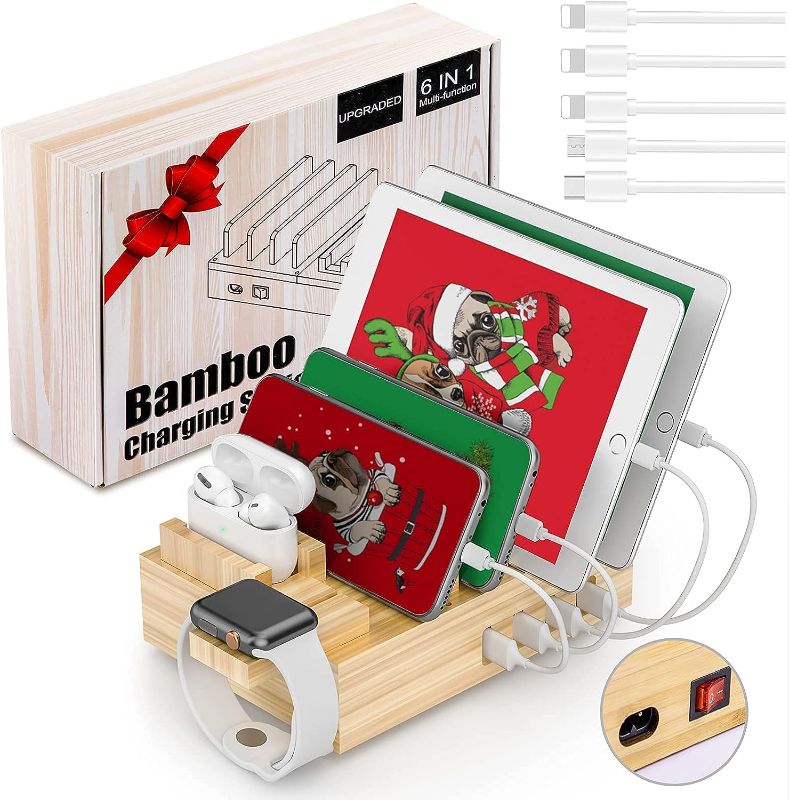 Photo 1 of Alltripal Charging Station for Multiple Devices, 6-Port Bamboo Docking Station Organizer Compatible with iPhone, Airpods, iWatch, Cell Phones, Tablets
