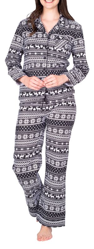 Photo 1 of Blis Women's Flannel Pajama Set Long Sleeve Pajamas for Women Button Up Pajamas for Women Notch Collar Set Black and White Fairisle 2X