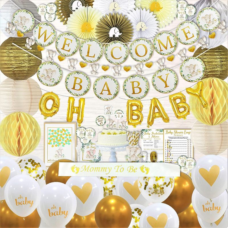 Photo 1 of 252 PC Elephant Theme Baby Shower Decorations for Boy or Girl Kit -Gender Neutral Welcome Baby Banners Garland Guestbook Sash Balloons Cake Topper Paper Decor Napkins Straws Games & Thank You Stickers 