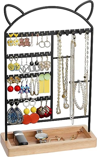 Photo 1 of Jewelry Stand Holder, 4-Tier Earring Holder with Wooden Tray, Jewelry Organizer Holder for Earrings Necklaces Bracelets Watches and Rings Storage,Earring Display Stand, Earring Organizer, Black
