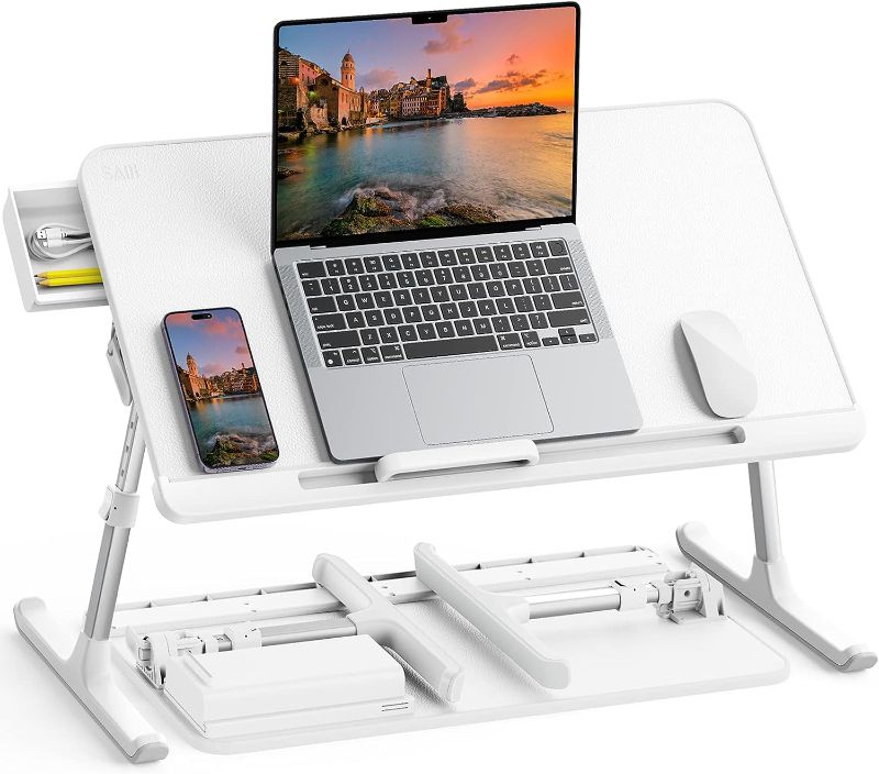 Photo 1 of Laptop Bed Tray Table, Adjustable PVC Leather Laptop Bed Table, Portable Standing Desk with Storage Drawer, Foldable Lap Tablet Table for Sofa Couch Floor (Large,White)
