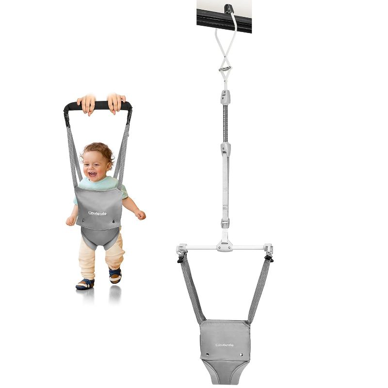 Photo 1 of Cowiewie 2 in 1 Baby Door Jumper w/Baby Walking Harness Function, Baby Jumper with Door Clamp Adjustable Strap and Seat, Gray
