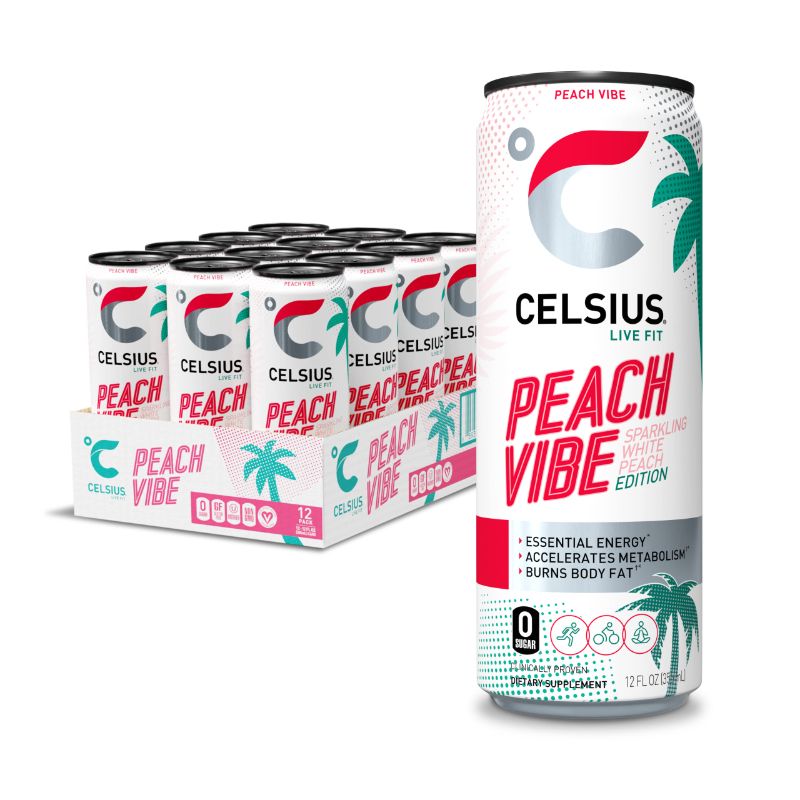 Photo 1 of CELSIUS Sparkling Peach Vibe, Functional Essential Energy Drink 12 Fl Oz (Pack of 12) Sparkling Peach Vibe 12 Fl Oz (Pack of 12) EXP 9/24