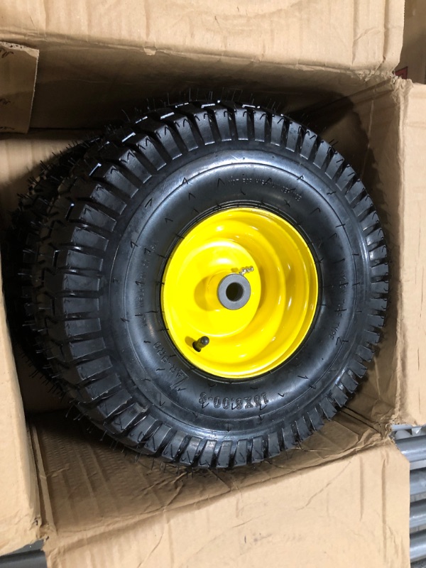 Photo 3 of (2 Pack) 15 x 6.00-6 Front Tire and Wheel Set - 4-Ply Replacement Tires with Wheels Assemblies for John Deere Riding Mower - for Lawn Tractors with 3" Centered Hub and 3/4" Bushings, Yellow