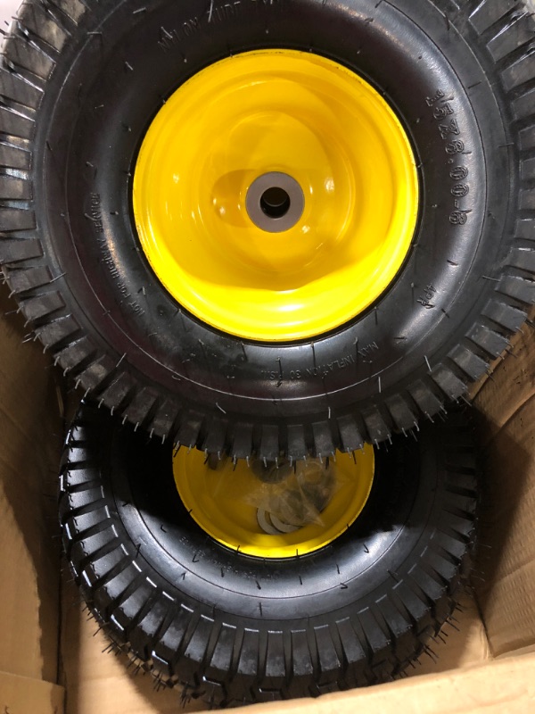 Photo 2 of (2 Pack) 15 x 6.00-6 Front Tire and Wheel Set - 4-Ply Replacement Tires with Wheels Assemblies for John Deere Riding Mower - for Lawn Tractors with 3" Centered Hub and 3/4" Bushings, Yellow