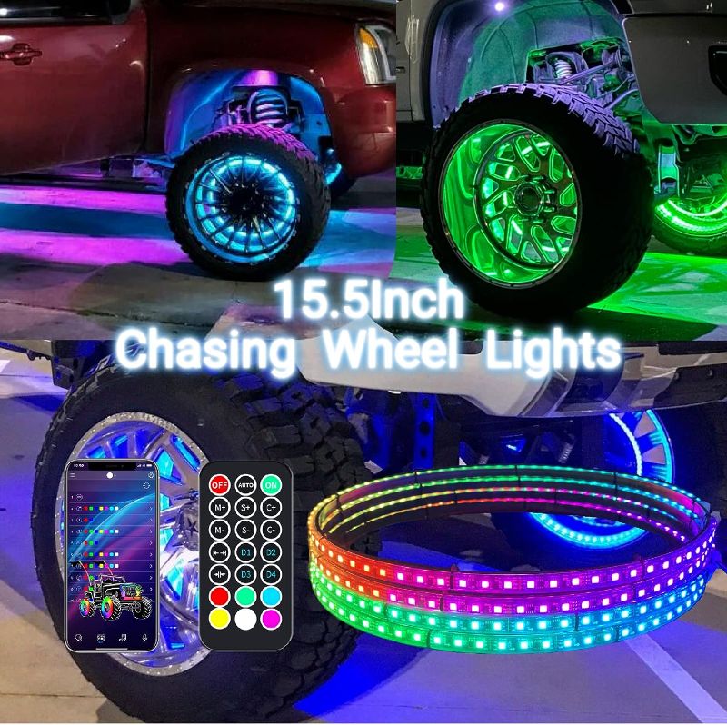 Photo 1 of  4pcs 15.5" Wheel Lights for Truck/Car/ATV/UTV Dream Color Chasing Dancing Flow Brightest Led Rim Wheel Ring Lights W/Turn Signal and Braking Function Controlled by Remote and App