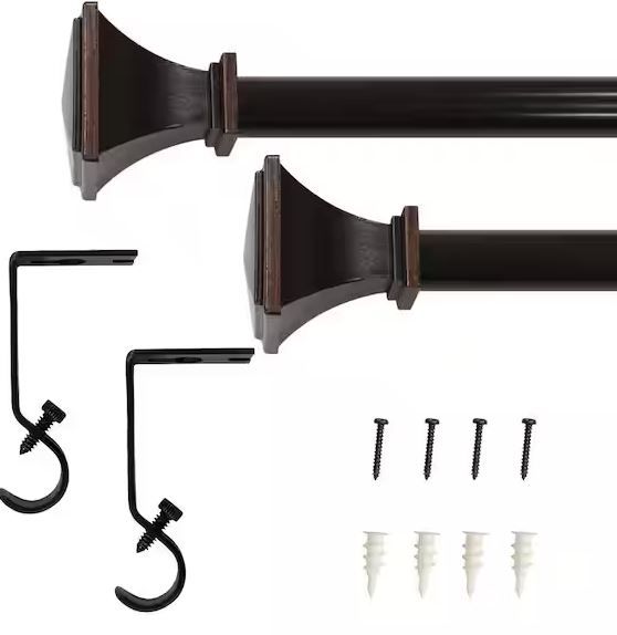 Photo 1 of 28 in. - 48 in. Telescoping 5/8 in. Single Curtain Rod Kit in Oil-Rubbed Bronze with Trumpet Square Finials
