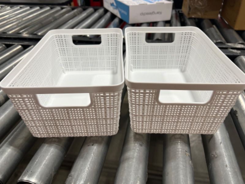 Photo 1 of 2 Pack  WHITE Plastic Woven Knit Baskets, 11x7x5 inch Storage Organizer Bin Boxes with Handle For Kids Classroom, Baby Nursery Toys and More