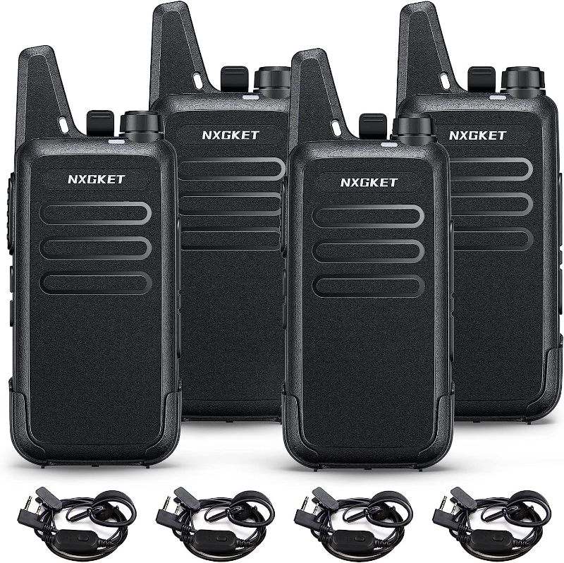 Photo 1 of NXGKET Walkie Talkies for Adults Long Range 4 Pack, Rechargeable 2-Way Radio Walkie Talkie with 1500mAh Li-ion Battery Earpiece Charge Cable Belt Clip for Commercial Cruises Hunting Hiking