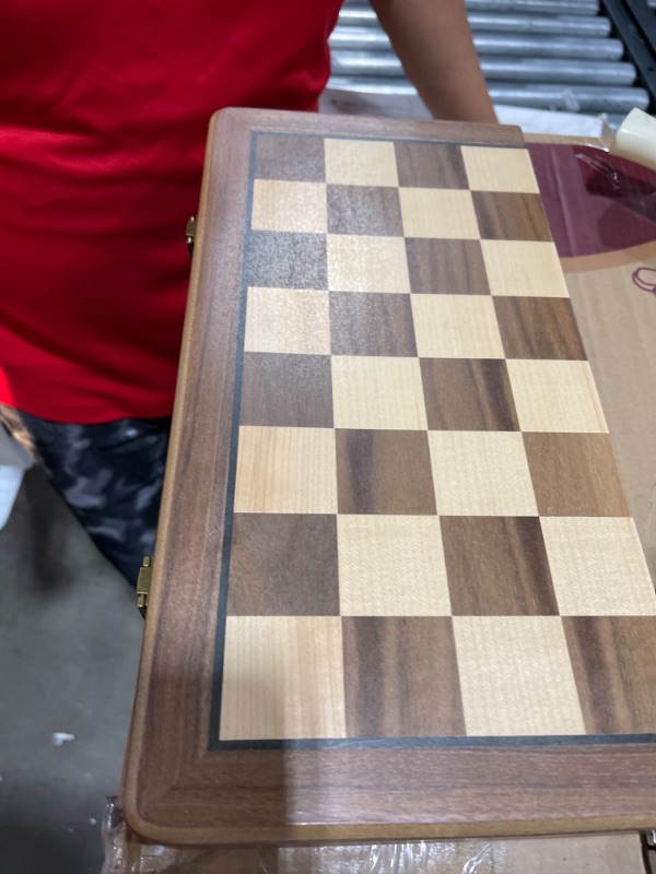 Photo 2 of A&A 15 inch Wooden Folding Chess & Checkers Set w/ 3 inch King Height Staunton Chess Pieces - Walnut Box w/ Walnut & Maple Inlay Non-magnetic / with Checkers Walnut Box W/ Walnut & Maple Inlay