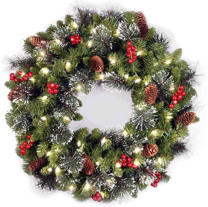 Photo 1 of Christmas Wreath, Green, Crestwood Spruce, White Lights, Decorated with Pine Cones, Berry Clusters, Frosted Branches, Christmas Collection, 24 Inches
