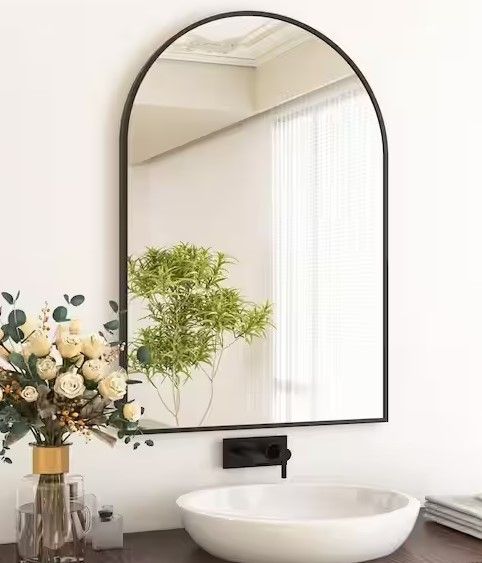 Photo 1 of 24 in. W x 36 in. H Arched Black Aluminum Alloy Framed Wall Mirror
