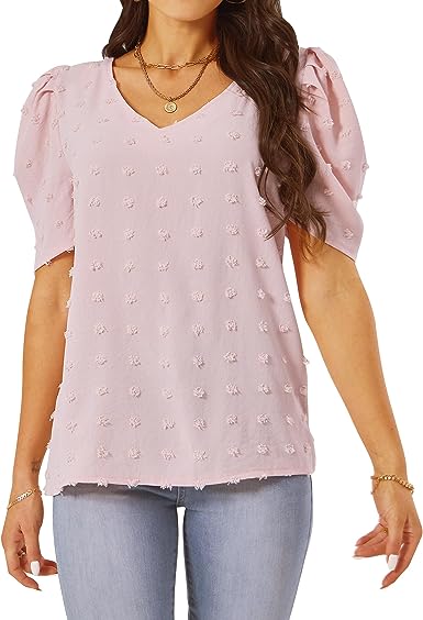 Photo 1 of ATLASLAVA Women 2023 Summer Dressy Plain Puff Short Sleeve V Neck Chiffon Blouses Swiss Dot Tunic Tops Casual T-Shirts --size large