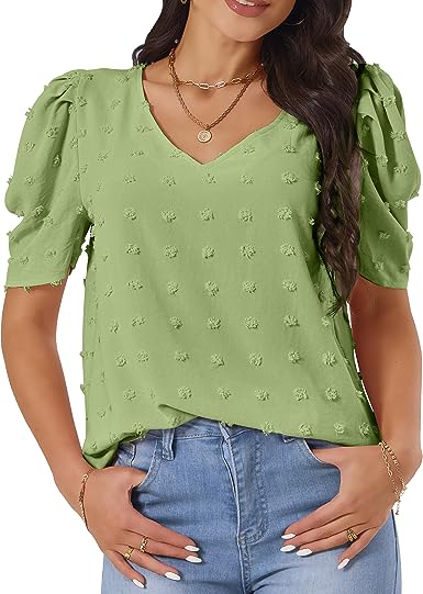 Photo 1 of ATLASLAVA Women 2023 Summer Dressy Plain Puff Short Sleeve V Neck Chiffon Blouses Swiss Dot Tunic Tops Casual T-Shirts ---size large