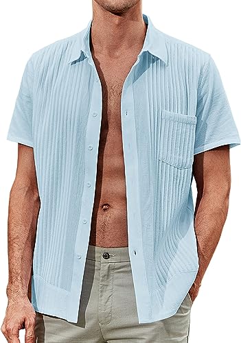 Photo 1 of AstoSeu Mens Short Sleeve Button Down Shirts Cuban Guayabera Vacation Linen Beach Shirts---xl