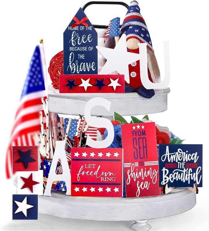 Photo 1 of 14PCS 4th of July Tiered Tray Decor,4th of July Decor,Patriotic Tiered Tray Decor Bundle,Independence Day Tray Decoration, America Mini Signs,Memorial Day Decor Red White Blue Tier Tray Decor