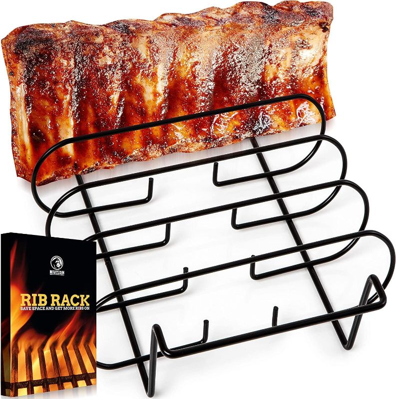 Photo 1 of MOUNTAIN GRILLERS BBQ Rib Racks for Smoking, Gas Smoker or Charcoal Grill, Sturdy & Non Stick Standing for gas grill, bbq grill, Holds Up to 5 Baby Back Ribs, Grilling & Barbecue Gifts for Men Black