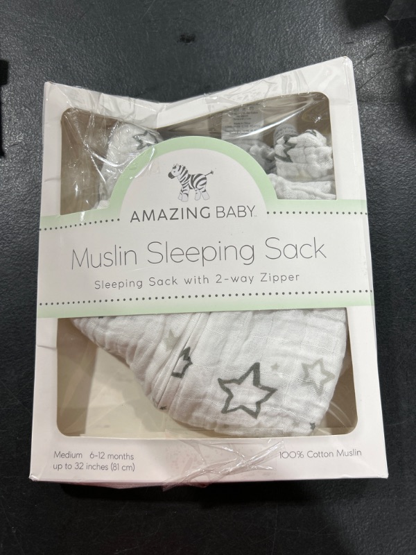 Photo 2 of Amazing Baby Cotton Muslin Sleeping Sack, For Baby Boy or Girl, Wearable Blanket with 2-way Zipper, Stars, Sterling, Medium (6-12 Month) Sterling Stars Medium (6-12 Month)