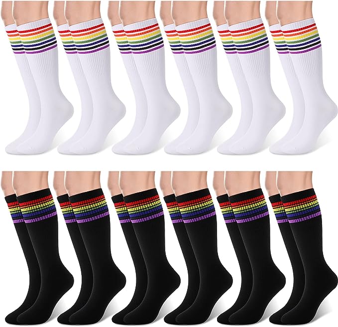 Photo 1 of 12 Pairs Rainbow Women's Knee High Socks Long Colorful Pride Striped Socks Thin Socks One Size Black