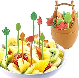 Photo 1 of 2 pack of WYBG 16 Pcs Leaf Shape Food Picks for Wheat Straw Fruit Forks Tornue Cute Style Bento Picks Mini Forks with a Storage Jar Palillos Decorativos Comida Nios Appetizer Picks Serving Forks