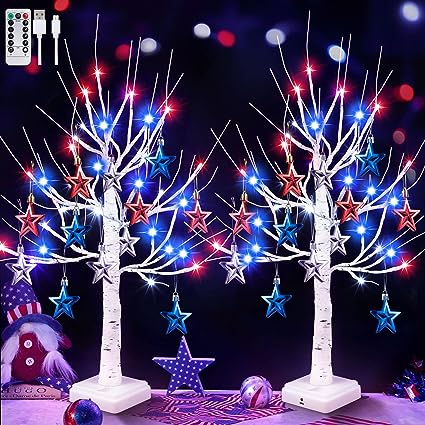 Photo 1 of 2 Pack 4th of July Tree Light Decoration, 8 Mode 24 LED Red White Blue Lighted Patriotic Tree Lights and 12 Stars, USB/Battery Operated Fourth of July Tree Tabletop Decor Independence Day Memorial Day