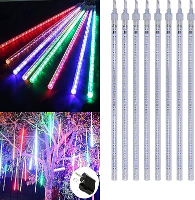 Photo 1 of Adecorty Christmas Lights Outdoor, Meteor Shower Lights 12 inch 8 Tubes Snow Falling Rain Cascading Icicle Lights for Xmas Tree, Christmas Decorations Outdoor, Luces de Navidad para Exterior (White) 