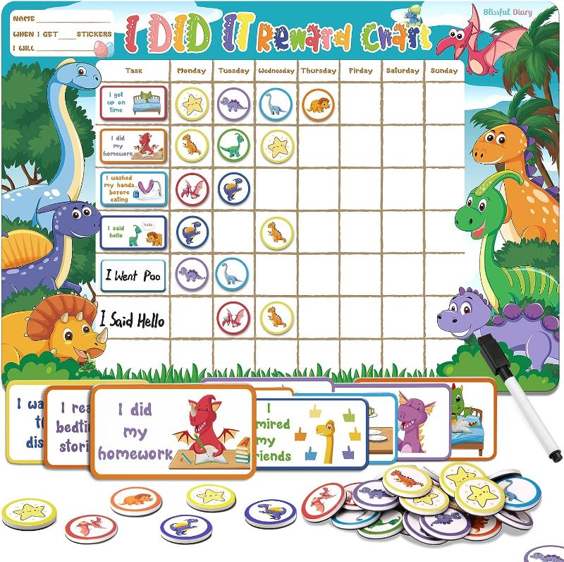 Photo 1 of Behavior Chart for Kids at Home, 63 Good Behavior + 72 Reusable Reward, Reward Chart for Toddler, Magnetic Chore Chart for Fridge, Cute Dinosaur Theme Star Board Motivate Responsibility Potty Training 