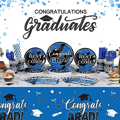 Photo 1 of 193 Pcs Congrats Grad Party Supplies Set Graduation Decoration Class of 2023 Graduate Tablecloth Cups Plates Napkins Tableware for Event Celebration Party Supply, Serves 24 (Blue and White) 