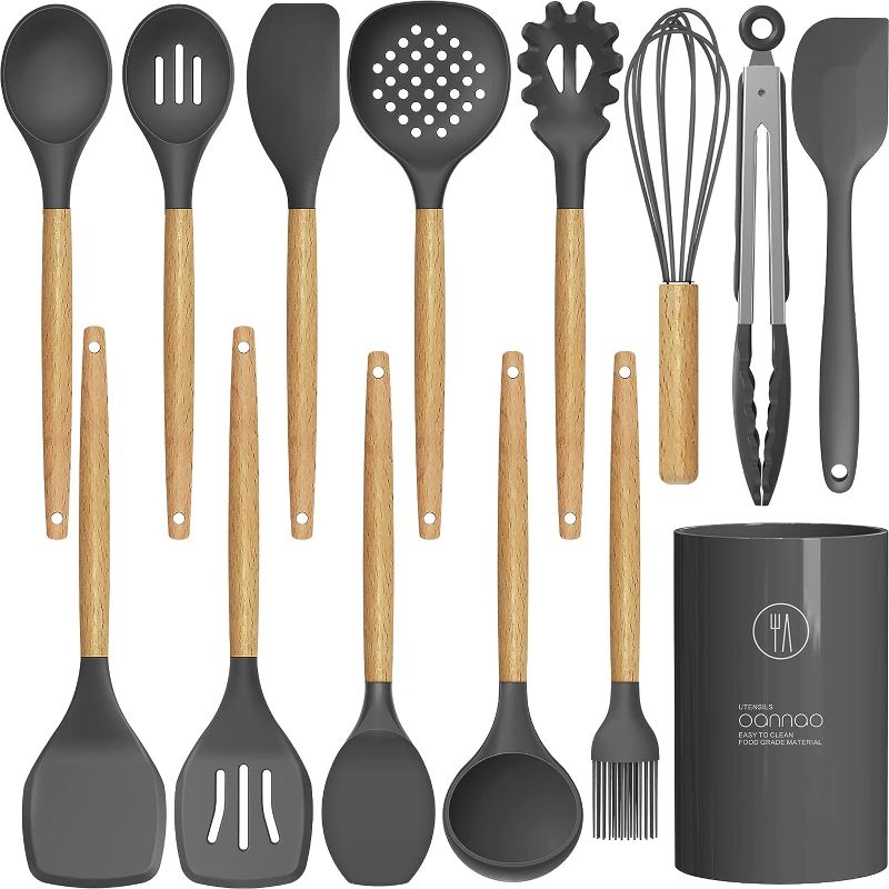 Photo 1 of 14 Pcs Silicone Cooking Utensils Kitchen Utensil Set - 446°F Heat Resistant,Turner Tongs,Spatula,Spoon,Brush,Whisk, Wooden Handles Blue Kitchen Gadgets Tools Set for Nonstick Cookware (BPA Free)