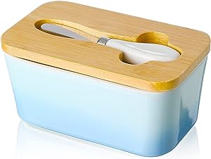Photo 1 of  Porcelain Butter Dish with Knife & Wooden Lid, Candiicap Airtight Butter Keeper for Countertop, Large Butter Holder for East West Coast Butter(Matte Blue)