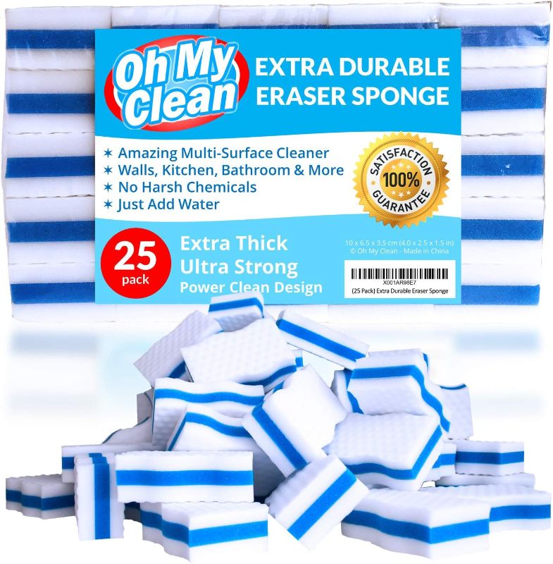 Photo 1 of (25 Pack) Extra Durable Eraser Sponge - Extra Thick, Long Lasting, Premium Melamine Sponges in Bulk - Multi-Purpose Power Scrubber - Bathroom, Kitchen, Floor, Bathtub, Toilet, Baseboard, Wall Cleaner