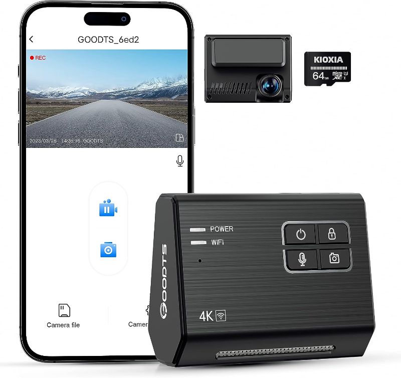 Photo 1 of 4K Dash Cam Front, GOODTS Car Camera 2160P with WiFi, Dash Camera for Cars with Dedicated Car Charger, Dashcam with App Control,G-Sensor,Parking Monitor,3M Bracket,No Screen,64GB SD Card