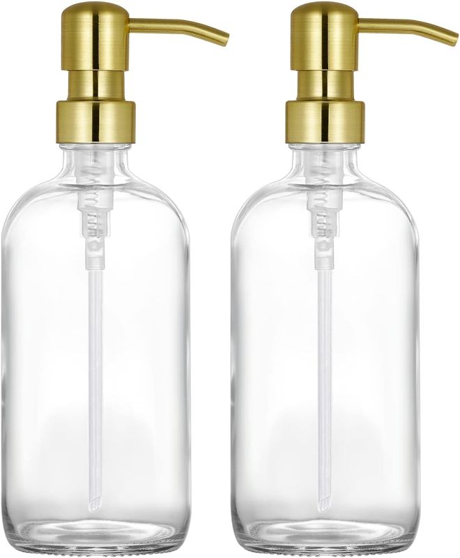 Photo 1 of 2 Pack Thick Clear Glass Pint Hand Soap Dispenser Bathroom with Gold Stainless Steel Pump, 16ounce Clear Boston Round Bottles Dispenser with Rustproof Pump for Kitchen Dish, Lotion Soap 