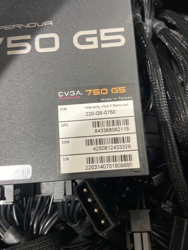 Photo 1 of EVGA 220-G5-0750-X1 Super Nova 750 G5, 80 Plus Gold 750W, Fully Modular, ECO Mode with Fdb Fan, 10 Year Warranty, Compact 150mm Size, Power Supply 750W G5 Power Supply