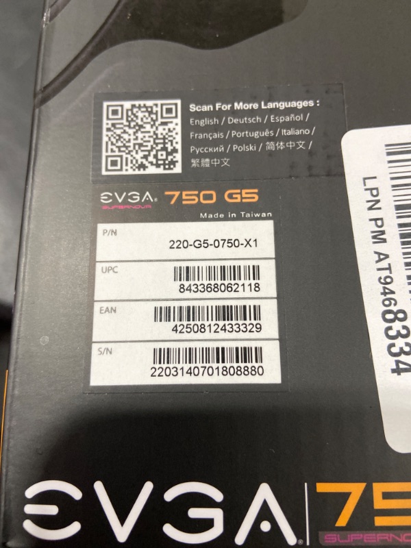 Photo 1 of EVGA 220-G5-0750-X1 Super Nova 750 G5, 80 Plus Gold 750W, Fully Modular, ECO Mode with Fdb Fan, 10 Year Warranty, Compact 150mm Size, Power Supply 750W G5 Power Supply