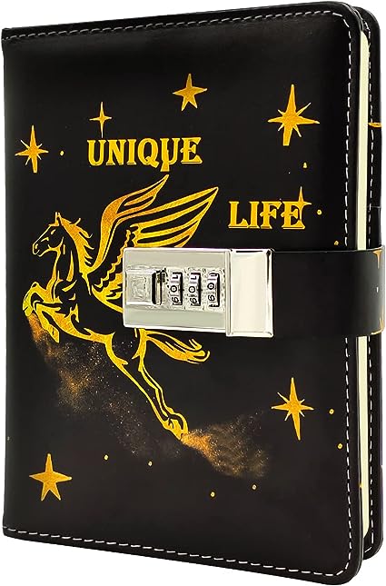 Photo 1 of Limited-time deal: Starry Diary with lock + Greeting Card,PU Leather Journal with Lock 240 Pages, Size 5.5 x 8.1 Inch Adorezyp Vintage Locked Diary Password Protected Notebook for Kids Girls Boys Women Christmas Greeting Card (Golden Pegasus) 