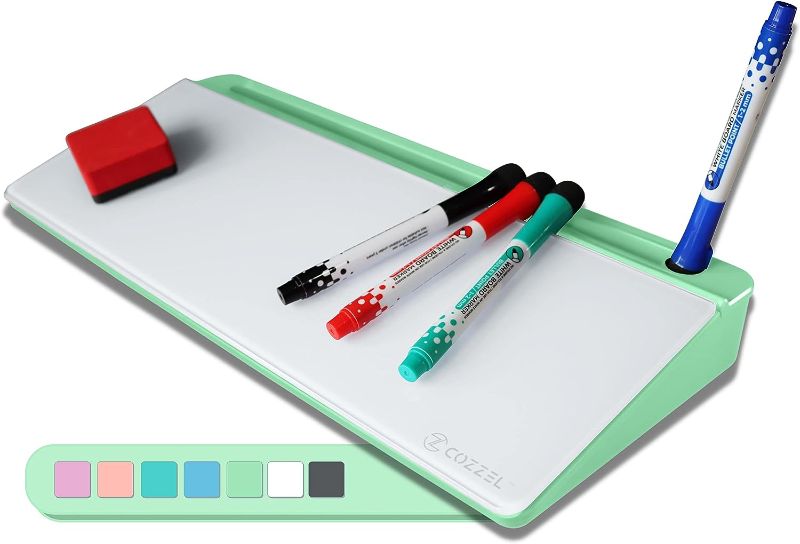 Photo 1 of COZZEL Desktop Dry Erase Board - NoteDesk Glass Whiteboard with Tablet Holder and Storage - Small White Board Keyboard Riser and Computer Memo Board Mesh Desktop Organizer (Celadon Green) 