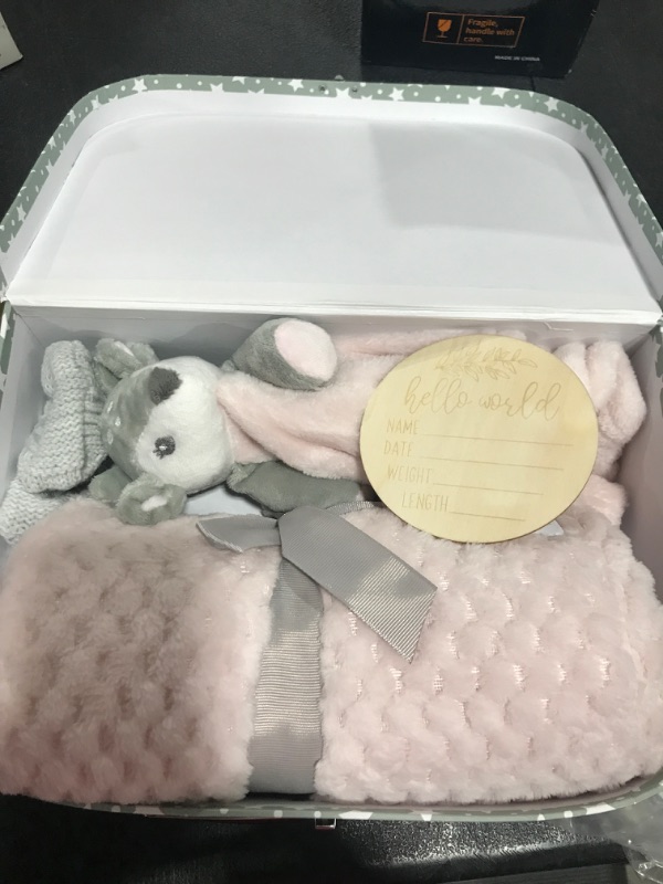 Photo 2 of Baby Girl Gift Set New Born Baby Gift Baby Deer Fawn Security Blanket Soft Fleece, Suitcase Keepsake Box Blanket Booties & Baby Gift Basket – Unique Present for Baby Shower & Newborn Lovey Pink Deer