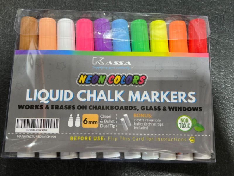 Photo 2 of Kassa Chisel and Bullet Dual Tip Marking Pen, 10-Pack Erasable Neon Multicolor Liquid Chalk Markers, for Chalkboard, Windows, Glass or Mirrors, Non-Toxic Washable Markers with Reversible Dual Tip