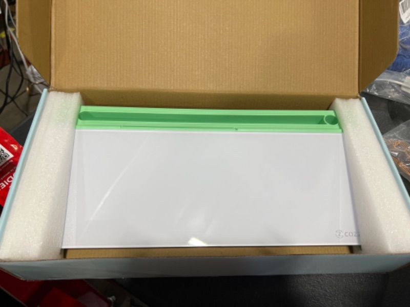 Photo 1 of COZZEL Desktop Dry Erase Board - NoteDesk Glass Whiteboard with Tablet Holder and Storage - Small White Board Keyboard Riser and Computer Memo Board Mesh Desktop Organizer (Celadon Green)