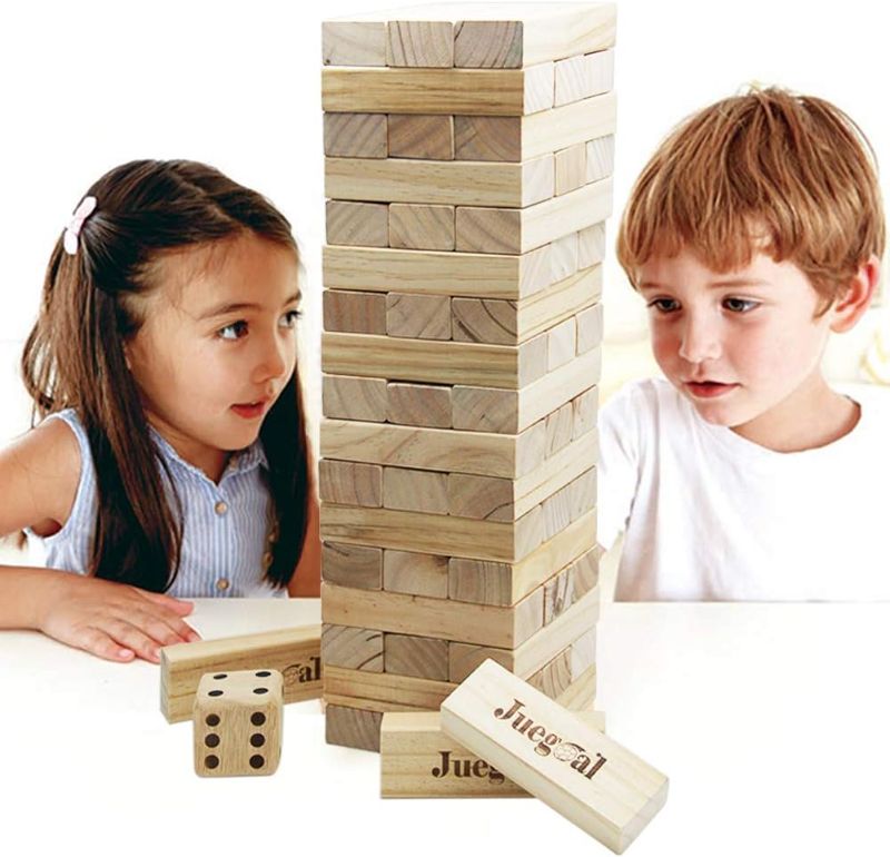 Photo 1 of 54 Pieces Giant Tumble Tower Blocks Game Giant Wood Stacking Game with 1 Dice Set Canvas Bag for Adult, Kids, Family Large Wood Color