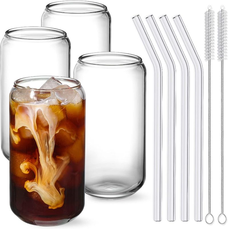 Photo 1 of 4Pcs Set Drinking Glasses with 8 Glass Straws and 4 Brushes, 16oz Can Shaped Glass Cup, Clear Iced Coffee Cup, Beer Glasses, Cocktail Glasses, Cute Tumbler Cup, Ideal for Whiskey, Soda, Tea, Gift