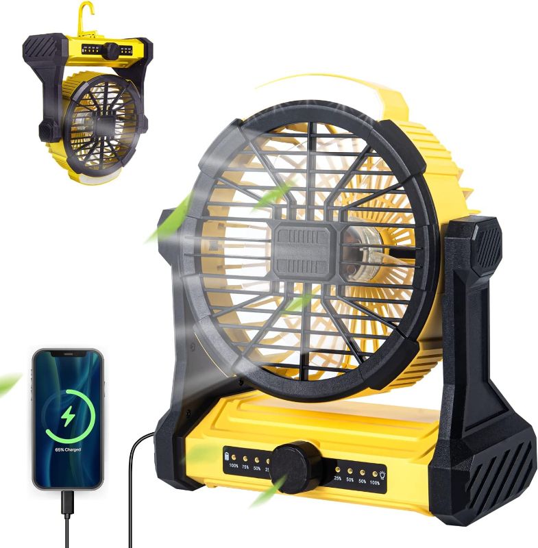 Photo 1 of FENGSENG Camping Fan with Light, 10-49 Hrs 12000mAh Safe LFP Battery Operated, 5 Blades Strong 3 Speed Wind, 270° Tilt Head, Rechargeable Cordless Tent Fan with Hang Hook
