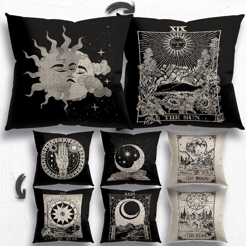 Photo 1 of 18 x 18 Set of 6 The Sun Moon Star Tarot Card Divination Astrology Decorative Throw Pillow Covers Pillowcase Decorations Decor for Girl Room Sofa Home bed, Gifts for Tarot Astrology Lovers Sister